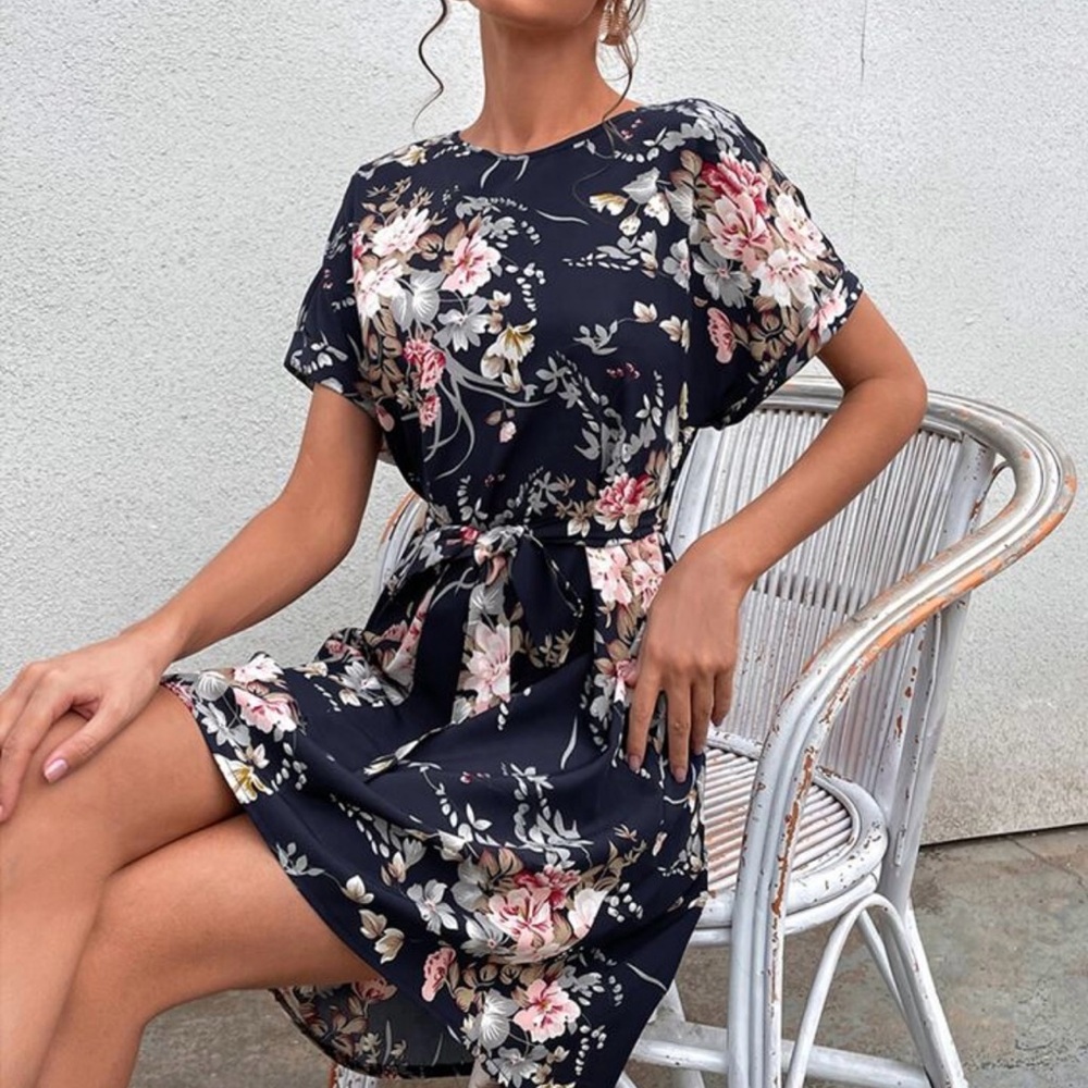 Blush Pink & Navy Blue Floral Midi Sundress with Dolman Sleeves - Picture 2 of 6